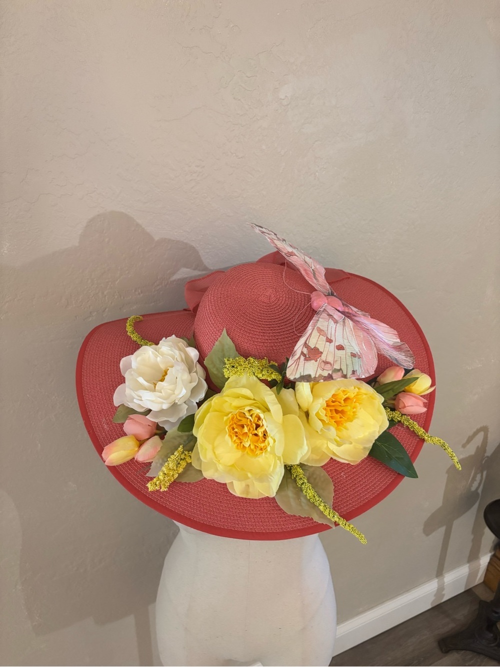 Women's Pink Floral Wide-Brim Hat with Butterfly Accent Derby/Church hat